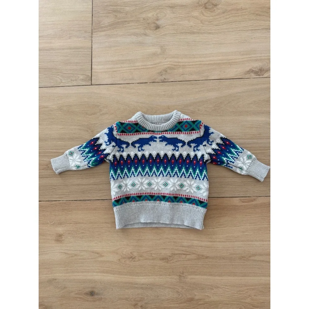 OshKosh Bgosh Baby Boy Dinosaur Fair Isle Sweater Gray Blue 3M